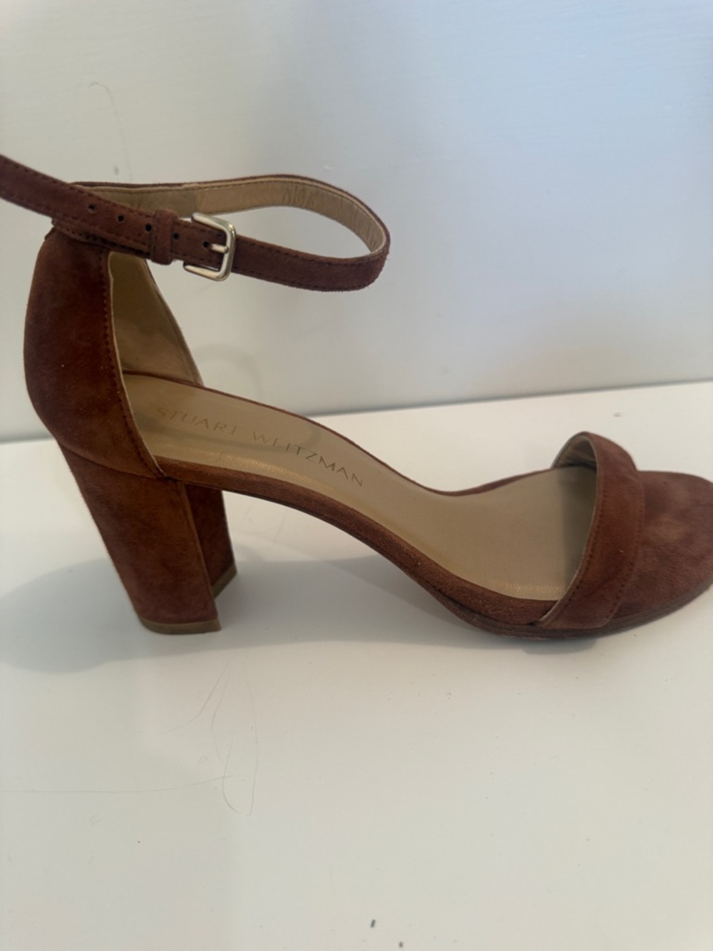 Stuart Weitzman Suede Ankle Strap Block Heel Sandals Brown Carmel Brown size 7.5 - Picture 4 of 16